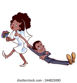 Angry African American bride drags the groom  to get married. Cartoon characters. Vector clip-art illustration on a white background.
