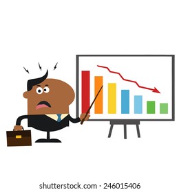 Angry African American Manager Pointing To A Decrease Chart On A Board.Flat Style Vector Illustration Isolated On White