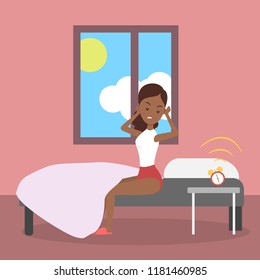 Angry african american woman waking up with the sun in a bad mood. Morning awakening from annoying alarm clock. Flat vector illustration