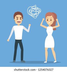 Angry african american woman yelling at her stressed boyfriend. Couple fight and argue. Man shouting in anger. Flat vector illustration