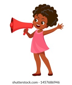 angry african girl screaming into a megaphone. Cartoon vector illustration