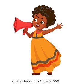 angry african girl screaming into a megaphone. Cartoon vector illustration