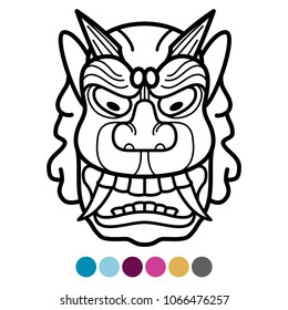 Angry african traditional mask. Coloring page mexican tribal mask. Vector illustration