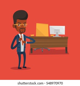 An angry african-american employer pointing at time on his wrist watch. Boss checking time of coming of latecomer employee. Concept of late to work. Vector flat design illustration. Square layout.