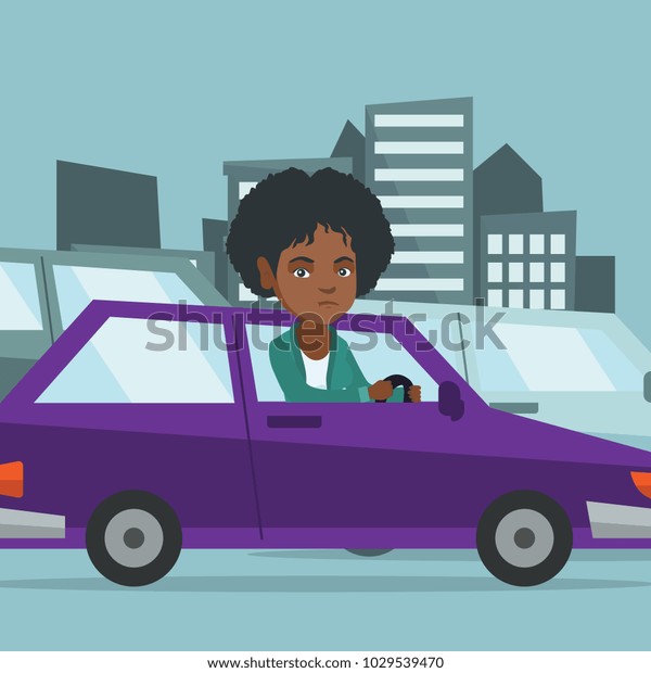 Angry african-american woman in car stuck in a\
traffic jam. Irritated young woman driving a car in a traffic jam.\
Agressive driver honking in a traffic jam. Vector cartoon\
illustration. Square\
layout.