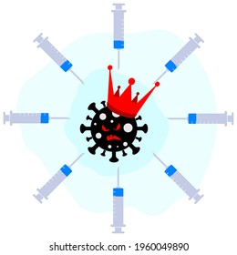 Angry aggressive black virus coronavirus covid-19 with a royal crown on its head surrounded by syringes with vaccine medicine. Fighting the epidemic