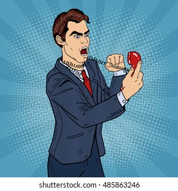 Angry Aggressive Business Man Screaming in Phone. Pop Art Vector illustration