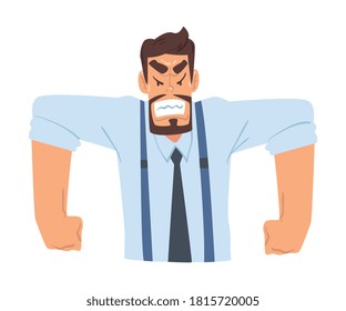 Empresario agresivo enojado, personaje de trabajador de oficina divertido con ropa de estilo formal, imagen vectorial de estilo de dibujos animados de avatar de negocios