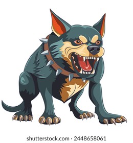 Angry aggressive dog in a collar with spikes and exposed fangs isolated on a white background.