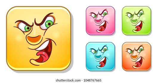 Angry aggressive Emoji face. Emoticons collection. Colorful smiley set. Avatar symbol, internet message or chat icon, sign for web mobile app, logo, label, patch, sticker.