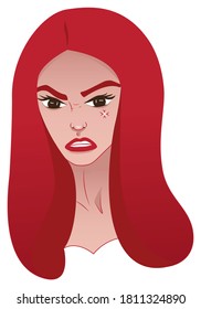 Niñas enojadas y agresivas en formato sticker. Pegatina de una chica emocional con el pelo rojo que está enfadada. Ilustración de material vectorial aislada en fondo blanco. Usar para chat, blog o sitio web