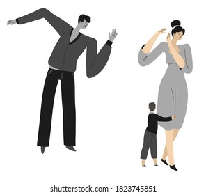 Angry aggressive man, husband shouting at woman and kid, isolated mom, dad and son. Kid hugging mother, scared for mum. Unhappy marriage, conflicts and problems of family, vector in flat style