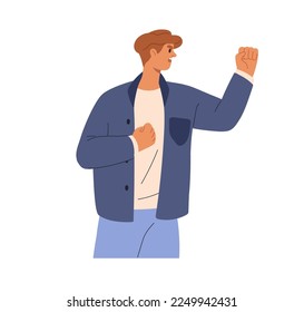 Angry aggressive man menacing, threatening with fists. Furious annoyed person in anger, rage. Enraged irritated character fighting. Flat graphic vector illustration isolated on white background