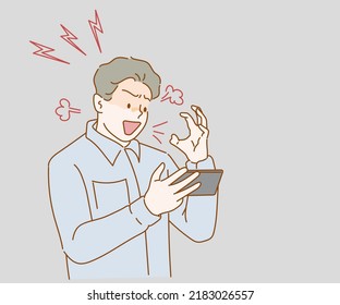 Angry aggressive man nervously screaming looking with hatred at mobile phone screen. Hand drawn in thin line style, vector illustrations.