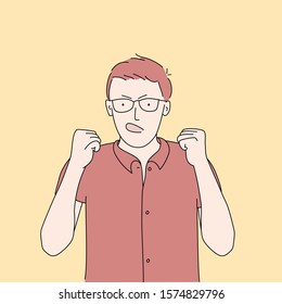 Hombre enojado y agresivo gritando en voz alta con expresión feroz. Ilustración vectorial dibujada a mano.