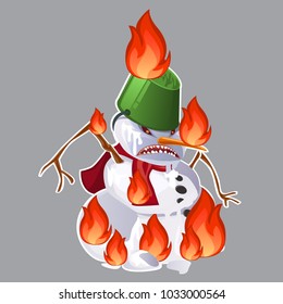 Angry aggressive toothy snowman is burning in the fire isolated on grey background. Vector cartoon close-up illustration.