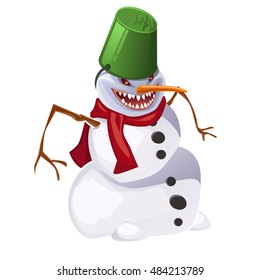 Angry aggressive toothy snowman. Sample of the poster, invitation and other cards. Vector illustration.