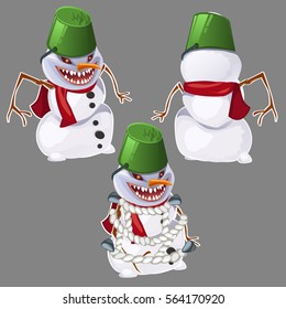 Angry aggressive toothy snowman. Sample of the poster, invitation and other cards. Vector illustration.