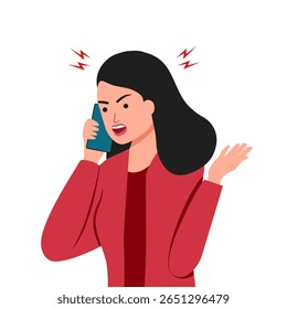 Angry aggressive woman nervously screaming looking with hatred at mobile phone screen. Hand drawn in thin line style, vector illustrations.