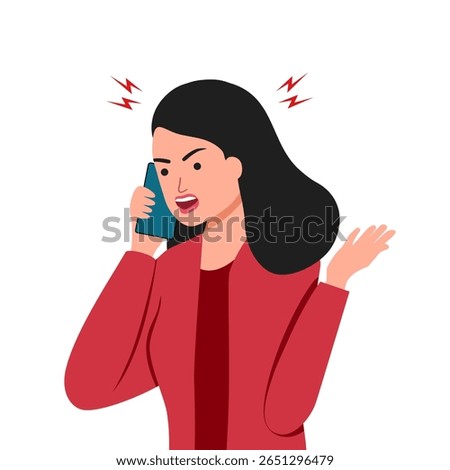 Angry aggressive woman nervously screaming looking with hatred at mobile phone screen. Hand drawn in thin line style, vector illustrations.