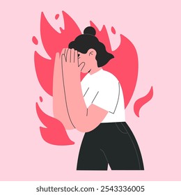 Angry, aggressive young woman is feeling rage and negative emotions, furious female character, nervous breakdown and burnout concept, flat vector graphic illustration, fire and flame on the background