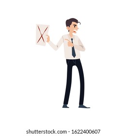 An angry agressive man, office worker and employee swears and shouts, points to a document. Stress and deadline office concept, cartoon flat vector illustration isolated on white background.