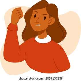 Angry agressive woman portrait. Young girl, female face with raised fist icon. Negative facial expression, rage, protest, meeting, parade. Protesting aggressive person