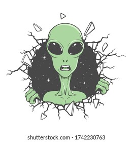 angry alien breaks out of space through the wall . Space vector illustration