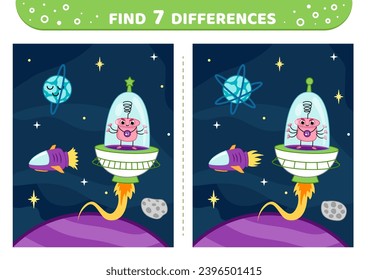 Wütender Außerirdischer auf dem Raumschiff. Finden Sie 7 Unterschiede. Weltraumspiel für Kinder. Einzige Vektorgrafik eps10