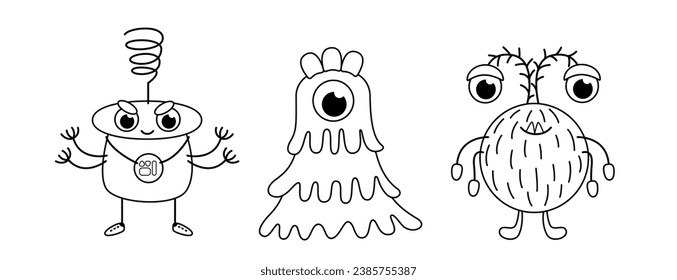 Angry aliens and space ufo. Coloring page. Black and white monsters. Color me. Isolated vector illustration eps