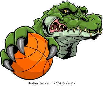 Angry Alligator Clawing Basketball Sports Mascot Logo Design. Vector Hand Drawn Illustration Isolated On Transparent Background