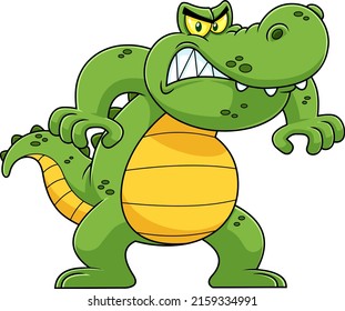 Angry Alligator Or Crocodile Cartoon Character. Vector Hand Drawn Illustration Isolated On White Background