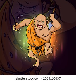 The angry ancient man with the spear esport mascot design of illustration