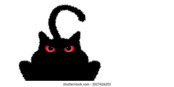 Angry, angered black cat face with big red eyes. Happy halloween day, friday 13. Red scary cats. Vector spooky sign.