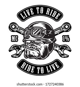 Angry animal motorcyclist vintage emblem with crossed wrenches and aggressive bulldog head in biker helmet and goggles isolated vector illustration