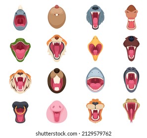 Angry animal mouth. Wild zoo character faces bear snake wolf and horse exact vector illustrations set