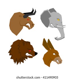 Angry animal set. Aggressive bull with red eyes. Scary elephant with tusks. Horrible bear with grin. Ferocious donkey with long ears. Wild animals