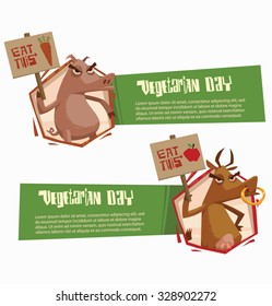 Angry Animals holding poster in support of vegetarianism, horizontal green banners, with pig and cow, vector