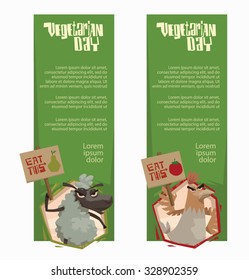 Angry Animals holding poster in support of vegetarianism, vertical green banners, with sheep and chicken, vector