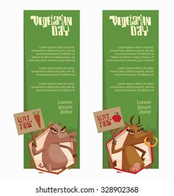 Angry Animals holding poster in support of vegetarianism, vertical green banners, with pig and cow, vector