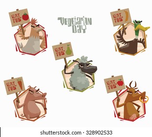 Angry Animals holding poster in support of vegetarianism emblems set, pig, cow, chicken, sheep, duck, vector