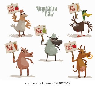Angry Animals holding poster in support of vegetarianism set, pig, cow, chicken, sheep, duck, vector