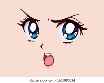 Angry anime face. Manga style big blue eyes, little nose and kawaii mouth. Hand drawn vector illustration.