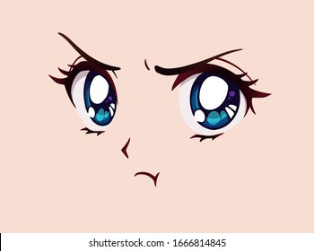 Angry anime face. Manga style big blue eyes, little nose and kawaii mouth. Hand drawn vector illustration.