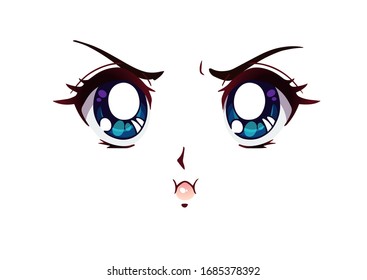 Angry anime face. Manga style big blue eyes, little nose and kawaii mouth. Hand drawn vector illustration.
