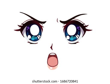 Angry anime face. Manga style big blue eyes, little nose and kawaii mouth. Hand drawn vector illustration.