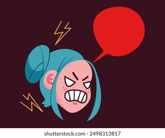 Angry anime girl character face with speech bubble graphic design element illustration