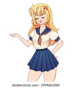 Angry anime manga girl with blonde hair wearing school uniform isolated on white background. Empty space for banner text