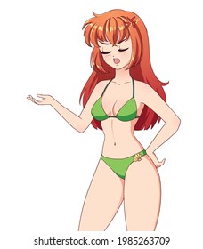 Angry anime manga girl with red hair wearing green swimsuit isolated on white background. Empty space for banner text