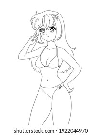 Angry anime manga girl wearing swimsuit with peace sign isolated on white background.